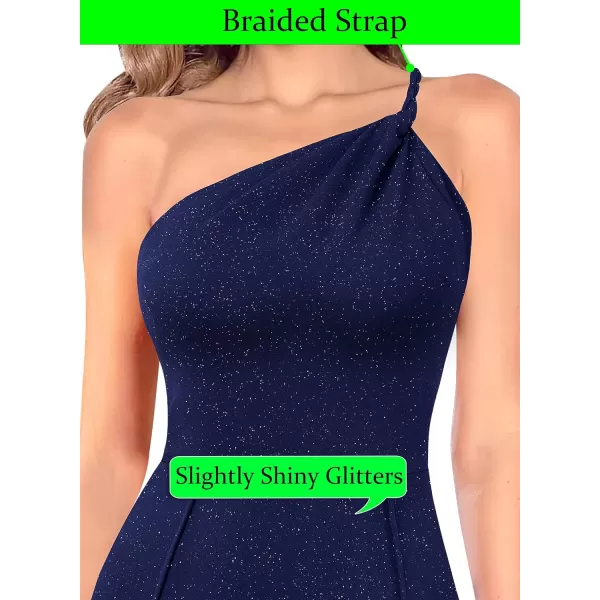 VFSHOW Womens One Shoulder Backless Double Slit Formal Prom ALine Maxi Dress 2023 Braided Strap Wedding Guest Evening GownSparkly Navy Blue