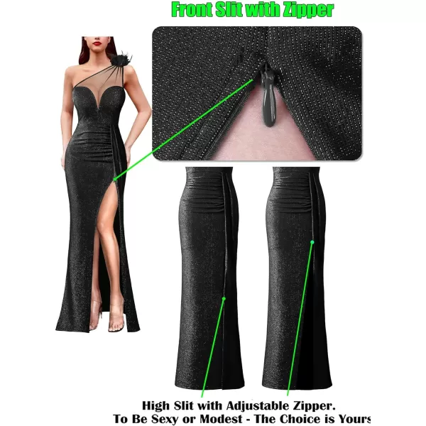 VFSHOW Womens One Shoulder Ruched Formal Prom Maxi Dress 2023 3D Flower Feather Sexy Sweetheart Neck High Split Evening GownSparkly Black