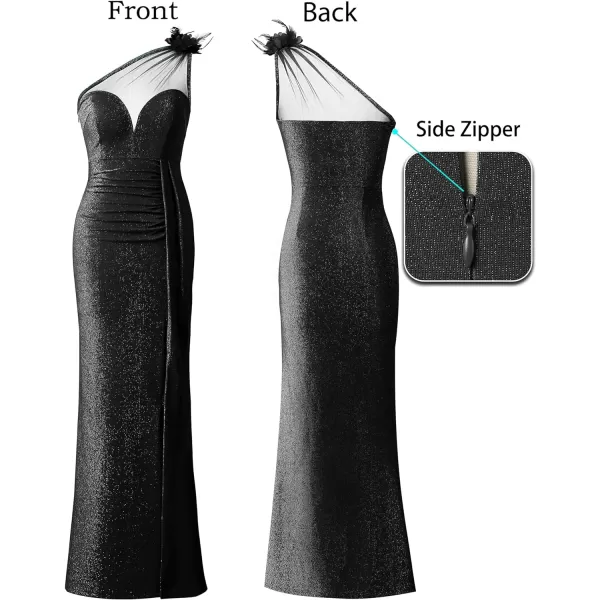 VFSHOW Womens One Shoulder Ruched Formal Prom Maxi Dress 2023 3D Flower Feather Sexy Sweetheart Neck High Split Evening GownSparkly Black