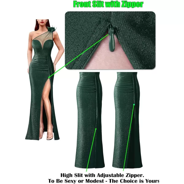 VFSHOW Womens One Shoulder Ruched Formal Prom Maxi Dress 2023 3D Flower Feather Sexy Sweetheart Neck High Split Evening GownSparkly Green