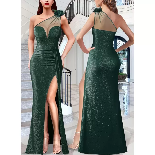 VFSHOW Womens One Shoulder Ruched Formal Prom Maxi Dress 2023 3D Flower Feather Sexy Sweetheart Neck High Split Evening GownSparkly Green