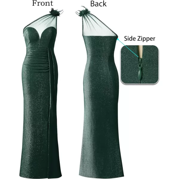 VFSHOW Womens One Shoulder Ruched Formal Prom Maxi Dress 2023 3D Flower Feather Sexy Sweetheart Neck High Split Evening GownSparkly Green