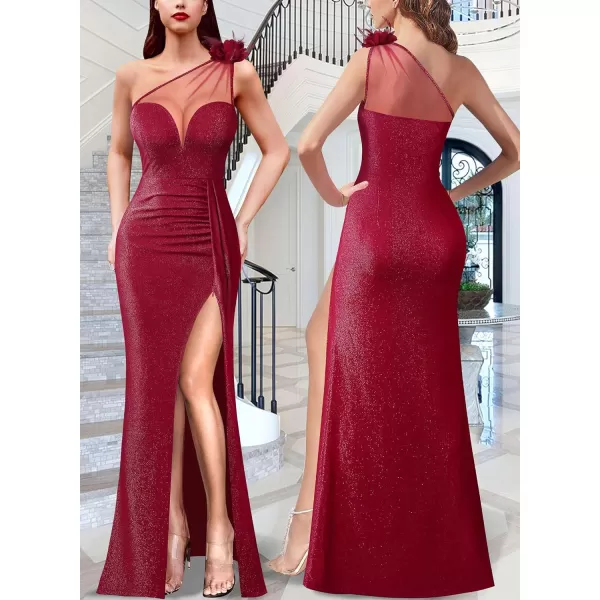 VFSHOW Womens One Shoulder Ruched Formal Prom Maxi Dress 2023 3D Flower Feather Sexy Sweetheart Neck High Split Evening GownSparkly Red