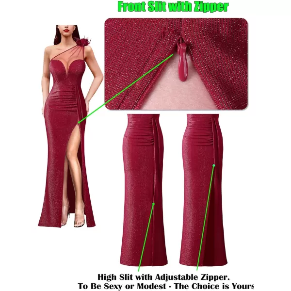 VFSHOW Womens One Shoulder Ruched Formal Prom Maxi Dress 2023 3D Flower Feather Sexy Sweetheart Neck High Split Evening GownSparkly Red