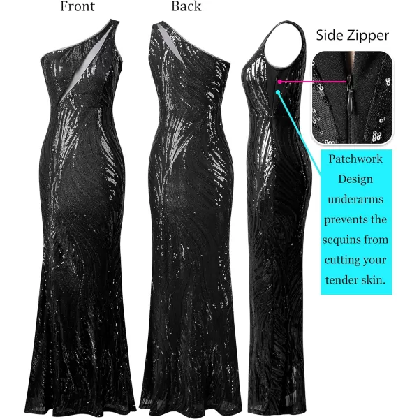 VFSHOW Womens One Shoulder Sequin High Slit Formal Wedding Guest Prom Maxi Dress 2023 Sexy Cutout Cocktail Evening Long GownSparkly Black Sequin