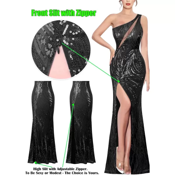 VFSHOW Womens One Shoulder Sequin High Slit Formal Wedding Guest Prom Maxi Dress 2023 Sexy Cutout Cocktail Evening Long GownSparkly Black Sequin