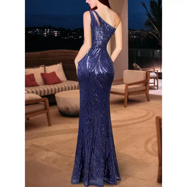 VFSHOW Womens One Shoulder Sequin High Slit Formal Wedding Guest Prom Maxi Dress 2023 Sexy Cutout Cocktail Evening Long GownSparkly Blue Sequin