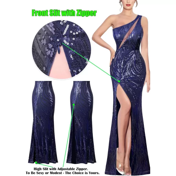 VFSHOW Womens One Shoulder Sequin High Slit Formal Wedding Guest Prom Maxi Dress 2023 Sexy Cutout Cocktail Evening Long GownSparkly Blue Sequin