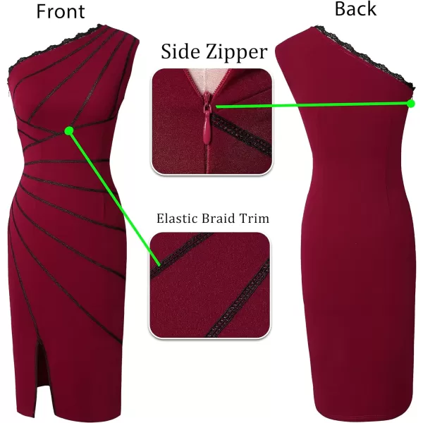 VFSHOW Womens One Shoulder Sleeveless Lace Trim Split Cocktail Party Bodycon Midi DressBurgundy