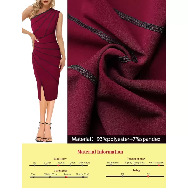 VFSHOW Womens One Shoulder Sleeveless Lace Trim Split Cocktail Party Bodycon Midi DressBurgundy