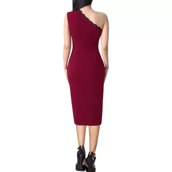 VFSHOW Womens One Shoulder Sleeveless Lace Trim Split Cocktail Party Bodycon Midi DressBurgundy