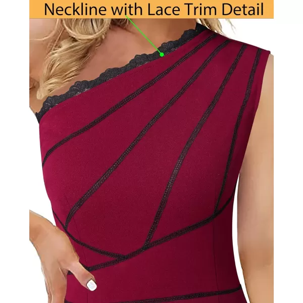 VFSHOW Womens One Shoulder Sleeveless Lace Trim Split Cocktail Party Bodycon Midi DressBurgundy