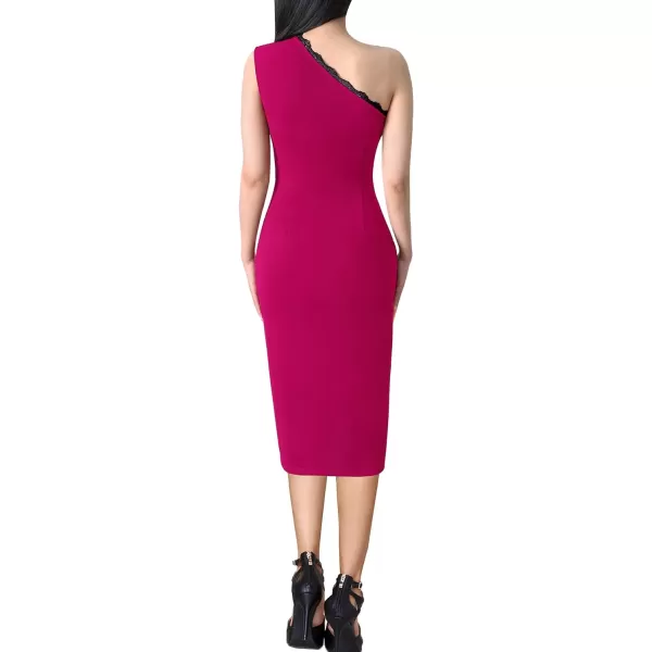 VFSHOW Womens One Shoulder Sleeveless Lace Trim Split Cocktail Party Bodycon Midi DressHot Pink