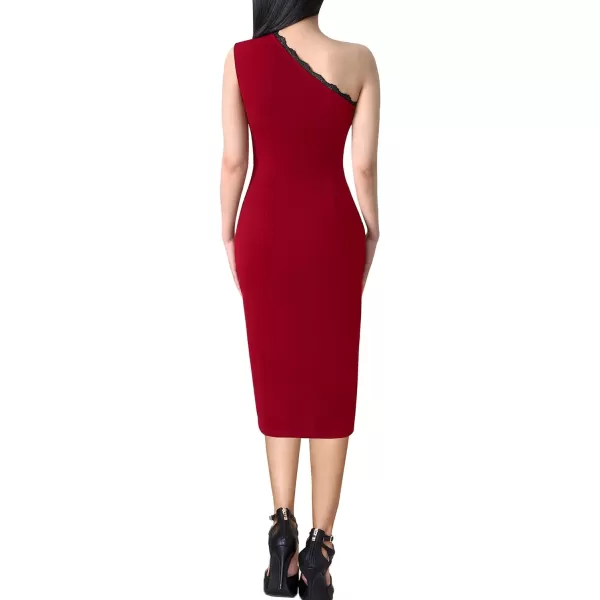 VFSHOW Womens One Shoulder Sleeveless Lace Trim Split Cocktail Party Bodycon Midi DressRed