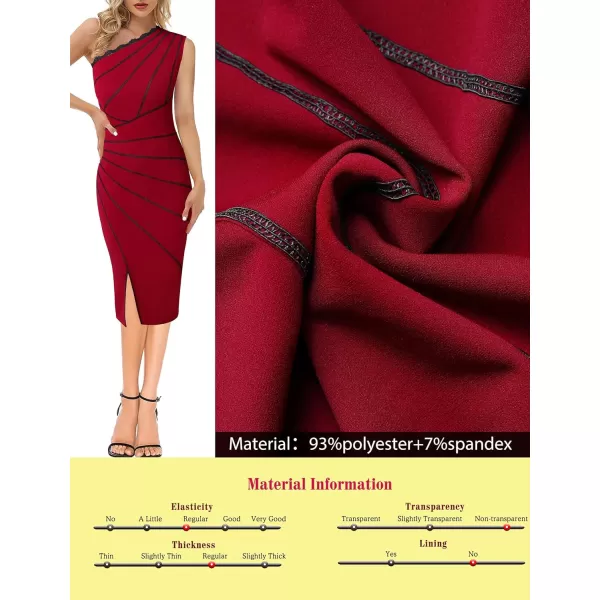 VFSHOW Womens One Shoulder Sleeveless Lace Trim Split Cocktail Party Bodycon Midi DressRed