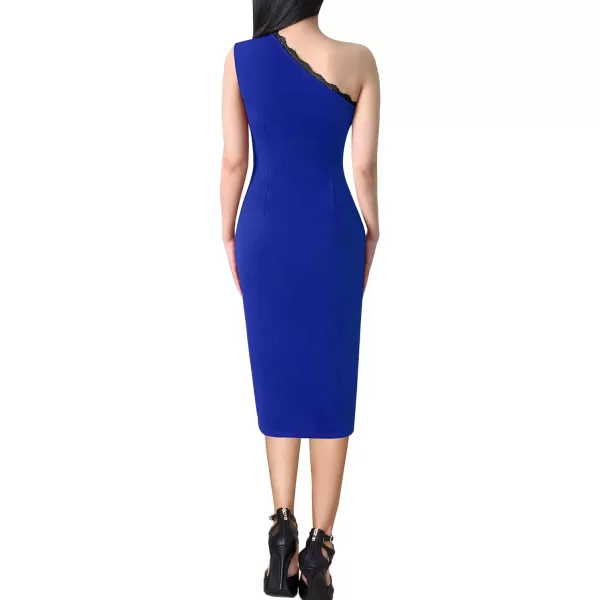 VFSHOW Womens One Shoulder Sleeveless Lace Trim Split Cocktail Party Bodycon Midi DressRoyal Blue