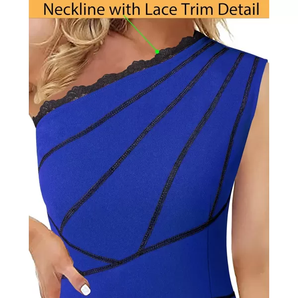 VFSHOW Womens One Shoulder Sleeveless Lace Trim Split Cocktail Party Bodycon Midi DressRoyal Blue