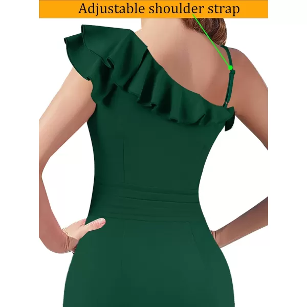 VFSHOW Womens One Shoulder Strap Ruched Ruffle Split Formal Prom Maxi Dress 2023 Sexy V Neck Wedding Guest Evening Long GownDark Green