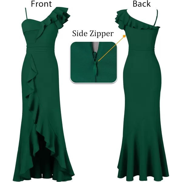 VFSHOW Womens One Shoulder Strap Ruched Ruffle Split Formal Prom Maxi Dress 2023 Sexy V Neck Wedding Guest Evening Long GownDark Green