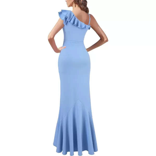 VFSHOW Womens One Shoulder Strap Ruched Ruffle Split Formal Prom Maxi Dress 2023 Sexy V Neck Wedding Guest Evening Long GownLight Blue