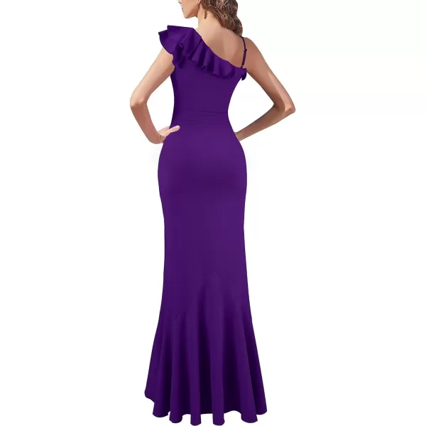 VFSHOW Womens One Shoulder Strap Ruched Ruffle Split Formal Prom Maxi Dress 2023 Sexy V Neck Wedding Guest Evening Long GownSolid Purple