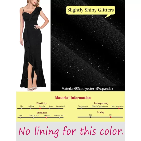 VFSHOW Womens One Shoulder Strap Ruched Ruffle Split Formal Prom Maxi Dress 2023 Sexy V Neck Wedding Guest Evening Long GownSparkly Black