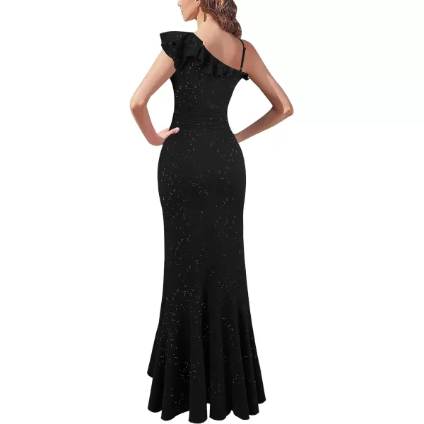 VFSHOW Womens One Shoulder Strap Ruched Ruffle Split Formal Prom Maxi Dress 2023 Sexy V Neck Wedding Guest Evening Long GownSparkly Black