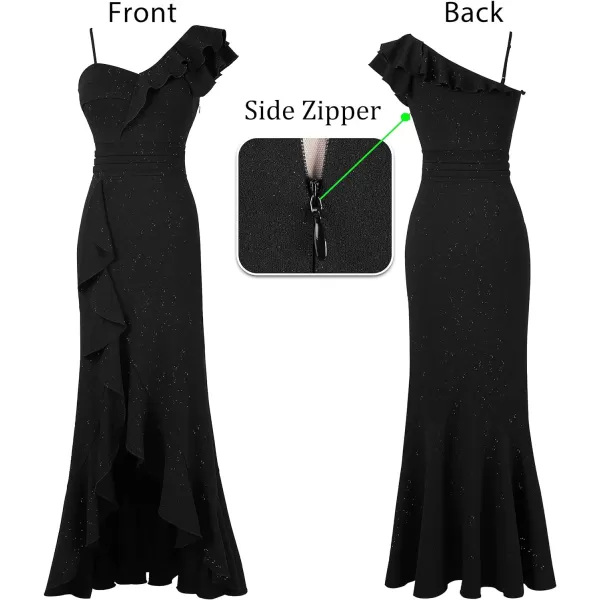 VFSHOW Womens One Shoulder Strap Ruched Ruffle Split Formal Prom Maxi Dress 2023 Sexy V Neck Wedding Guest Evening Long GownSparkly Black