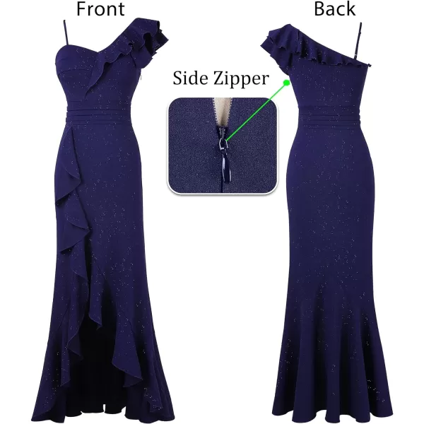 VFSHOW Womens One Shoulder Strap Ruched Ruffle Split Formal Prom Maxi Dress 2023 Sexy V Neck Wedding Guest Evening Long GownSparkly Navy Blue