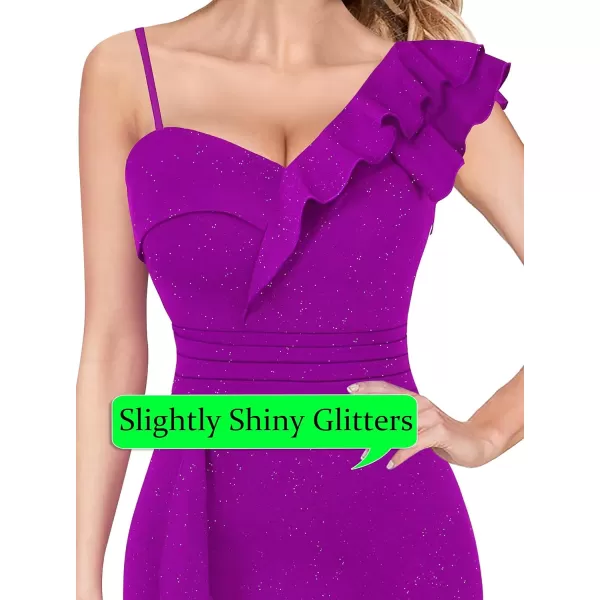 VFSHOW Womens One Shoulder Strap Ruched Ruffle Split Formal Prom Maxi Dress 2023 Sexy V Neck Wedding Guest Evening Long GownSparkly Purple