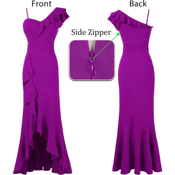 VFSHOW Womens One Shoulder Strap Ruched Ruffle Split Formal Prom Maxi Dress 2023 Sexy V Neck Wedding Guest Evening Long GownSparkly Purple