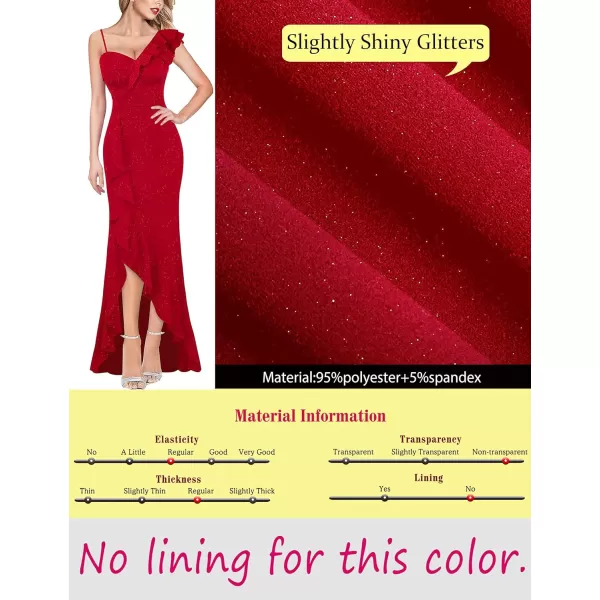 VFSHOW Womens One Shoulder Strap Ruched Ruffle Split Formal Prom Maxi Dress 2023 Sexy V Neck Wedding Guest Evening Long GownSparkly Red