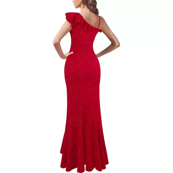 VFSHOW Womens One Shoulder Strap Ruched Ruffle Split Formal Prom Maxi Dress 2023 Sexy V Neck Wedding Guest Evening Long GownSparkly Red