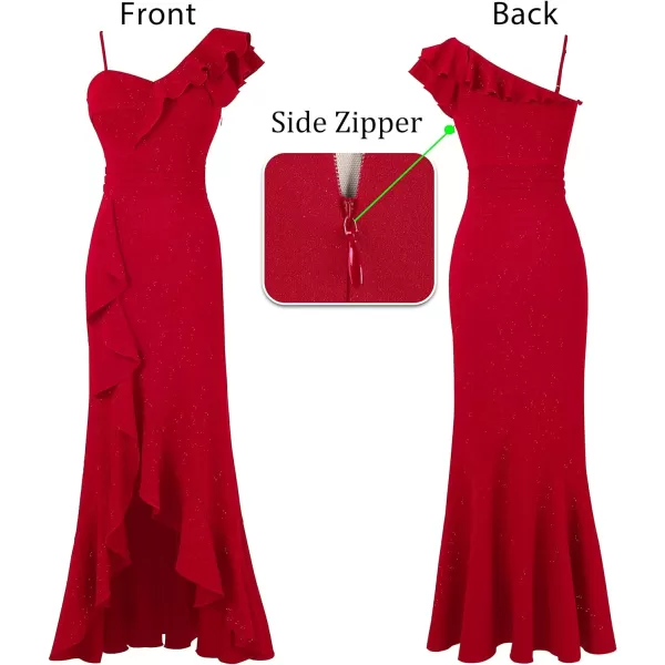 VFSHOW Womens One Shoulder Strap Ruched Ruffle Split Formal Prom Maxi Dress 2023 Sexy V Neck Wedding Guest Evening Long GownSparkly Red