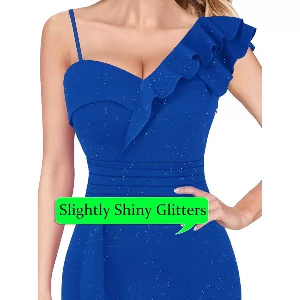 VFSHOW Womens One Shoulder Strap Ruched Ruffle Split Formal Prom Maxi Dress 2023 Sexy V Neck Wedding Guest Evening Long GownSparkly Royal Blue