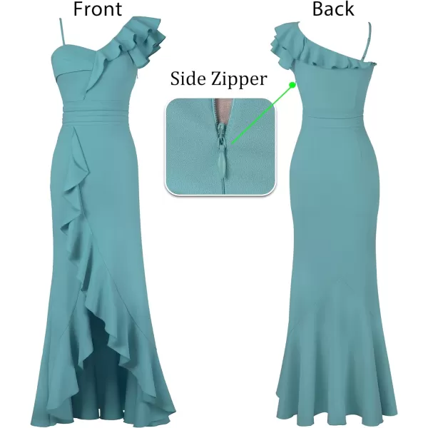 VFSHOW Womens One Shoulder Strap Ruched Ruffle Split Formal Prom Maxi Dress 2023 Sexy V Neck Wedding Guest Evening Long GownTurquoise