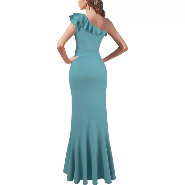 VFSHOW Womens One Shoulder Strap Ruched Ruffle Split Formal Prom Maxi Dress 2023 Sexy V Neck Wedding Guest Evening Long GownTurquoise