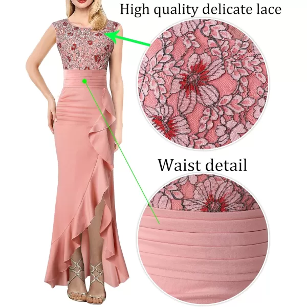 VFSHOW Womens Peach Pink Floral Lace Ruched Ruffle High Split Formal Evening Gown Wedding Maxi Dress 9761 PIK 3XLVFSHOW Womens Peach Pink Floral Lace Ruched Ruffle High Split Formal Evening Gown Wedding Maxi Dress 9761 PIK 3XL