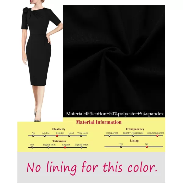 VFSHOW Womens Pleated Asymmetric Bow Neck Work Cocktail Party Sheath DressBlack Short Sleeve