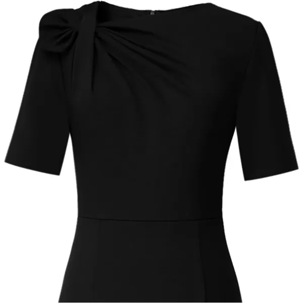 VFSHOW Womens Pleated Asymmetric Bow Neck Work Cocktail Party Sheath DressBlack Short Sleeve