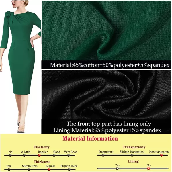 VFSHOW Womens Pleated Asymmetric Bow Neck Work Cocktail Party Sheath DressGreen 34 Sleeve