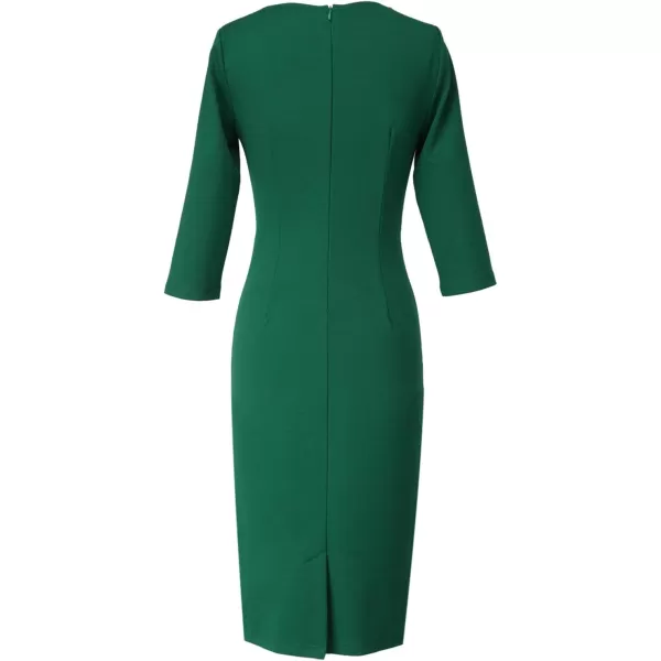 VFSHOW Womens Pleated Asymmetric Bow Neck Work Cocktail Party Sheath DressGreen 34 Sleeve