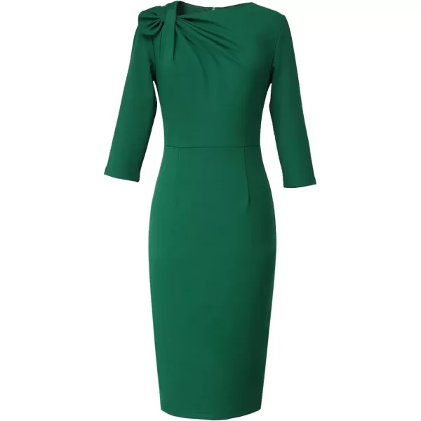 VFSHOW Womens Pleated Asymmetric Bow Neck Work Cocktail Party Sheath DressGreen 34 Sleeve