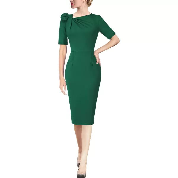 VFSHOW Womens Pleated Asymmetric Bow Neck Work Cocktail Party Sheath DressGreenshort Sleeve