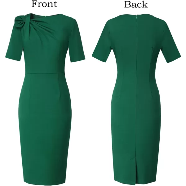 VFSHOW Womens Pleated Asymmetric Bow Neck Work Cocktail Party Sheath DressGreenshort Sleeve