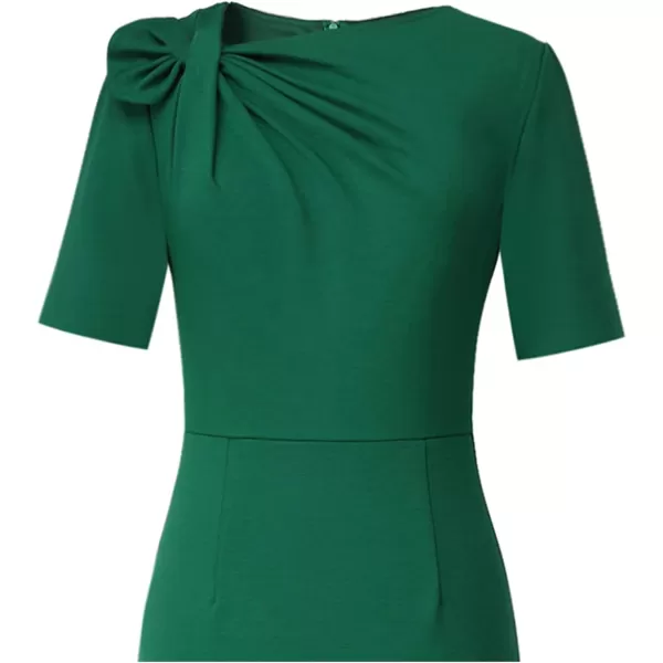 VFSHOW Womens Pleated Asymmetric Bow Neck Work Cocktail Party Sheath DressGreenshort Sleeve