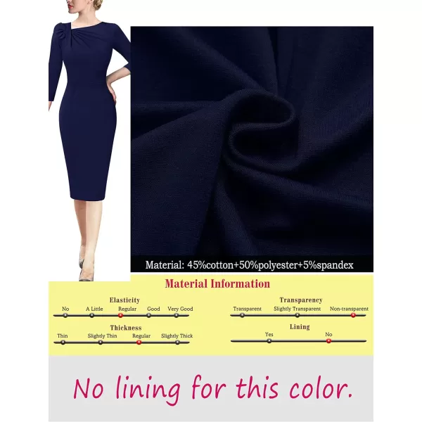 VFSHOW Womens Pleated Asymmetric Bow Neck Work Cocktail Party Sheath DressNavy Blue 34 Sleeve
