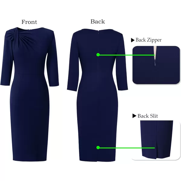 VFSHOW Womens Pleated Asymmetric Bow Neck Work Cocktail Party Sheath DressNavy Blue 34 Sleeve