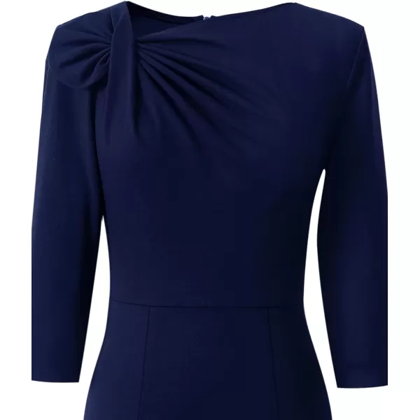 VFSHOW Womens Pleated Asymmetric Bow Neck Work Cocktail Party Sheath DressNavy Blue 34 Sleeve