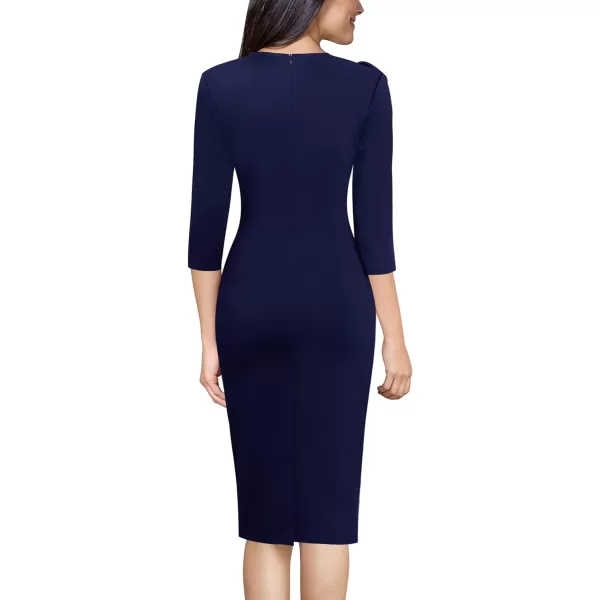 VFSHOW Womens Pleated Asymmetric Bow Neck Work Cocktail Party Sheath DressNavy Blue 34 Sleeve